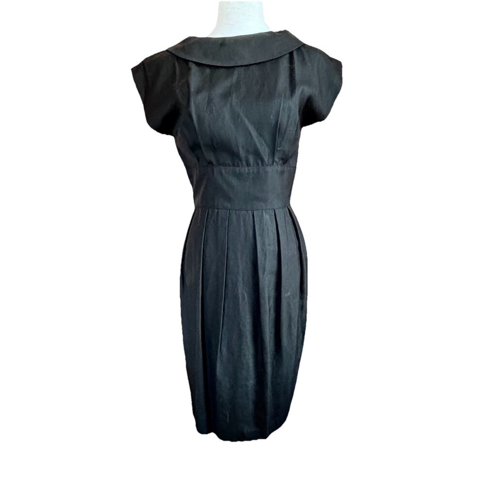 VTG Lloyd Williams Black Cocktail Dress 50/60’s Wiggle Bateau Sz 6 Viscose Linen